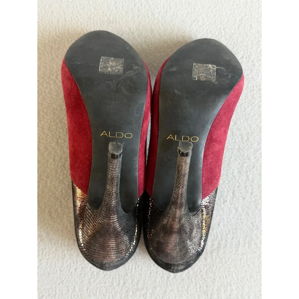 Aldo Burgundy Suede Metallic Snake Embossed Platform Pumps Stiletto Heels 38